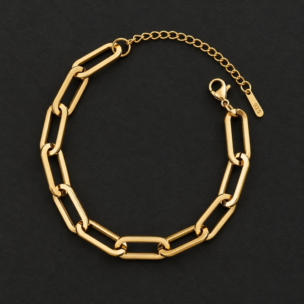 18K Gold Plated Stainless Steel Paperclip Link Chain Bracelet Women Adjustable